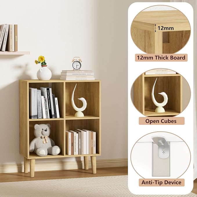 4 Cube Bookcase, Wooden Book Shelf Cube Storage Organizer with Legs, 2 Tier Bookshelf Freestanding Open Shelves for Living Room, Bedroom, Home Office (Oak, 4 Cube)