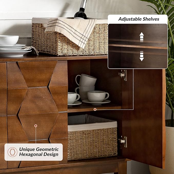 HULALA HOME Mid Century Sideboard Buffet Cabinet with Solid Wood Legs, 60" Kitchen Storage Cabinet Credenza with 4 Doors and 2 Shelves, Accent Console Table, Walnut