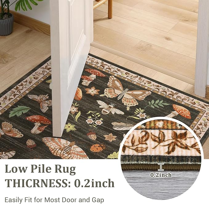 Washable 8x10 Mushroom Floral Rugs for Living Room Low Pile Soft Bedroom Large Accent Carpet Non Slip Non Shedding Nursery Playroom Carpet Mats Boho Vintage Brown Carpets for Dining Apart Dorm, Brown