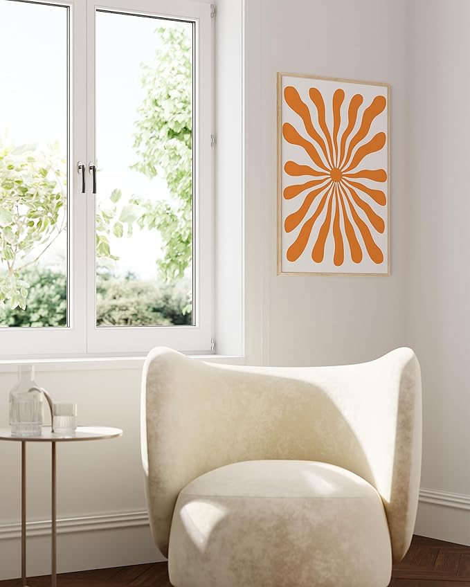 HAUS AND HUES Abstract Orange Wall Art - Sun Decor, Bright Orange Wall Art for Sunset Vibe (Beige Frame, 24x36)