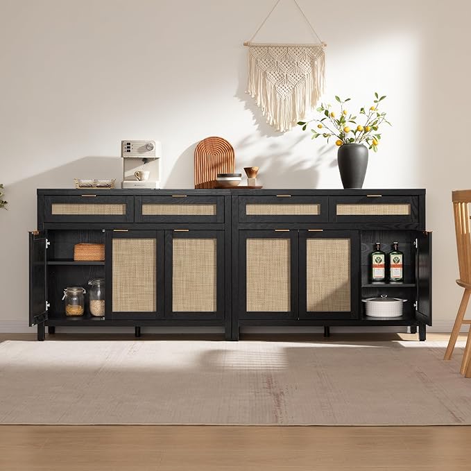 SICOTAS Rattan Sideboard Buffet Cabinet with Storage, Boho Credenza Accent Cabinet with 3 Doors and 2 Drawers, Farmhouse Console Coffee Bar for Kitchen, Living Room, and Entryway, Black Oak
