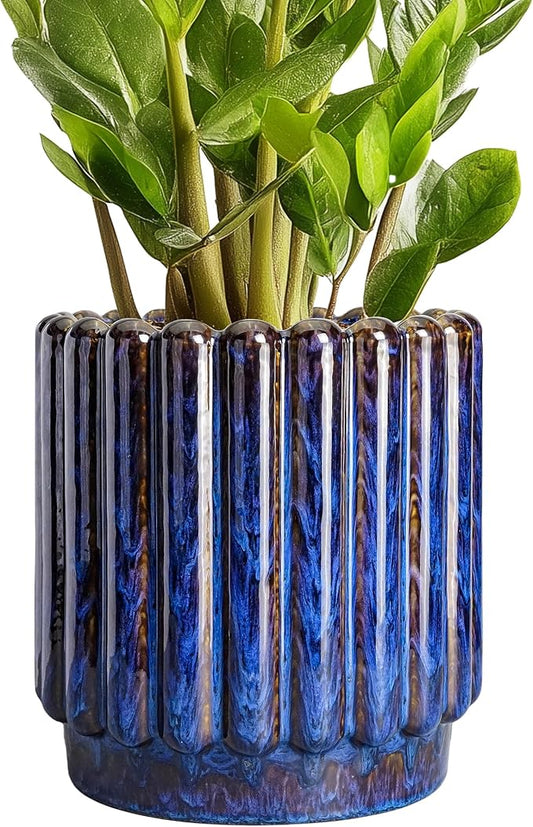 Ceramicfor Ceramic Pots for Plants - 7.6 Inch Plant Pots Indoor with Drainage Hole, Fluted Round Ceramic Planter Outdoor, Modern Flower Planter, Home Office Living Room Decor, Garden Gifts, Blue