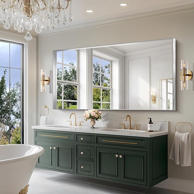 CIRCUMI Silver Bathroom Mirror, 72"x36" Rectangular Mirror with Deep Metal Frame, Brushed Finish, Tempered Glass, Large Mirror for Wall, Over 2 Sinks, Installed Vertically/Horizontally, Crystal-Clear