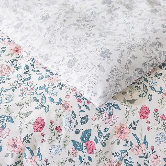 HoneiLife King Size Duvet Cover - Cotton Comforter Cover, Soft & Breathable Floral Bedding Duvet Cover Sets with Zipper Closure & Corner Ties, 3-PC Wildflower Comforter Cover Sets, Carnation