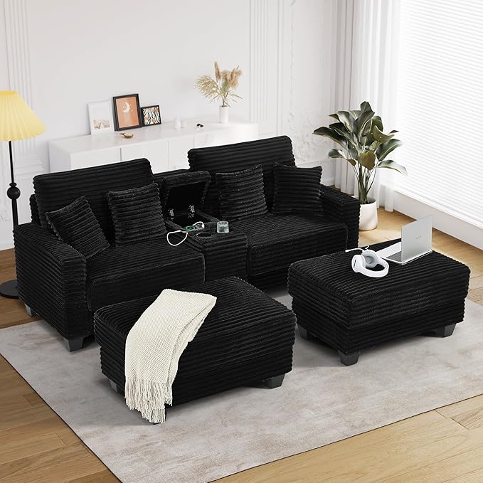 Oversized Chaise Lounge Chair Indoor with Storage & USB, Cup Holder & Ottoman, Firm Solid Wood Frame with Long Service Life Corduroy Oversized Lounge Reading Chair for Large Study Room - Jet Black