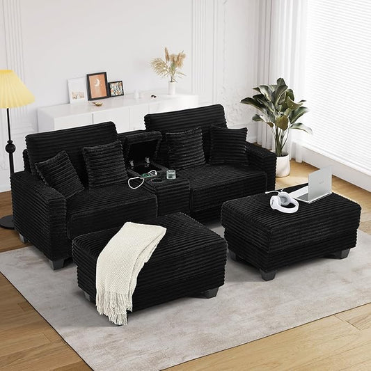 Oversized Chaise Lounge Chair Indoor with Storage & USB, Cup Holder & Ottoman, Firm Solid Wood Frame with Long Service Life Corduroy Oversized Lounge Reading Chair for Large Study Room - Jet Black