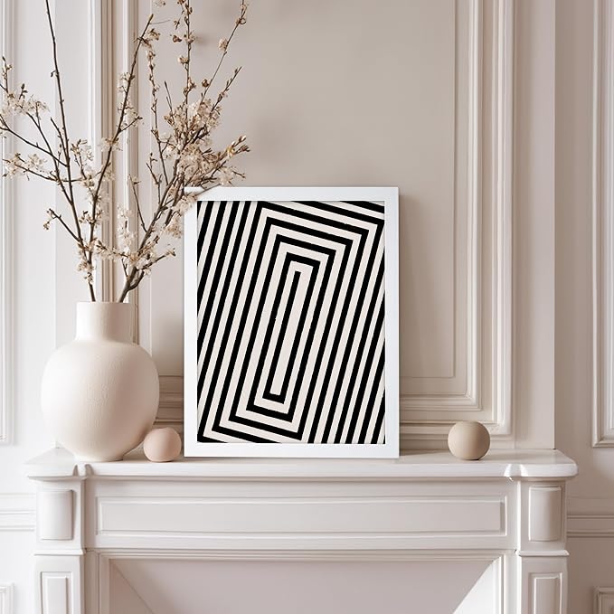 Poster Master Rectangle Tunnel Poster - Angular Swirl Print - Geometric Design - Abstract Design - Japanese Ink Art - Mid Century Modern Illustration - Living Room Decor - 11x14 White Framed