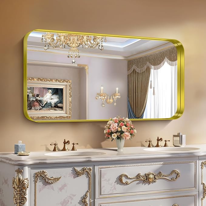 CIRCUMI Gold Bathroom Mirror, 24"x48" Rectangular Mirror with Deep Metal Frame, Rounded Corner, Tempered Glass, Large Mirror for Wall, Over 2 Sinks, Installed Vertically/Horizontally, Crystal-Clear