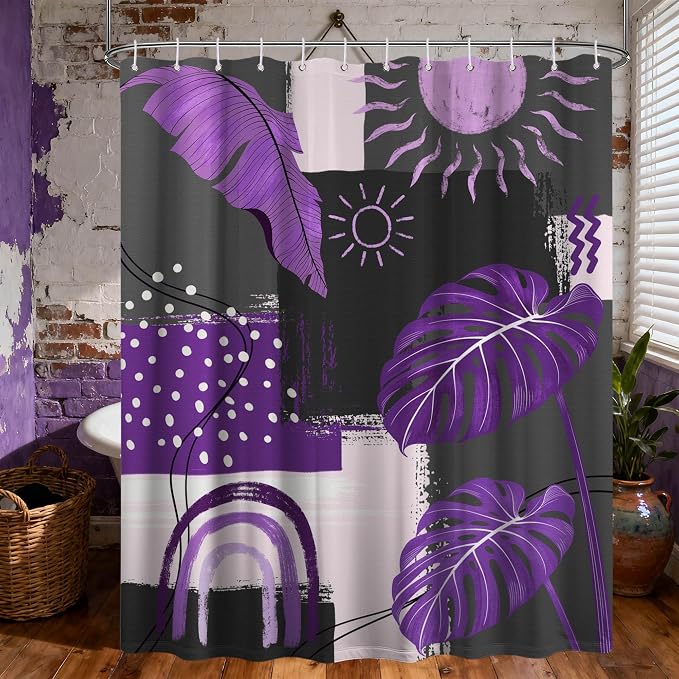 Purple and Gray Mid Century Modern Shower Curtain Bohemian Abstract Dark Purple and Grey Shower Curtains for Bathroom Decor Sets, Waterproof Cloth Fabric with Hooks, 70x72 Inch
