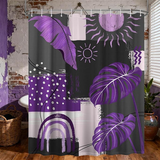 Purple and Gray Mid Century Modern Shower Curtain Bohemian Abstract Dark Purple and Grey Shower Curtains for Bathroom Decor Sets, Waterproof Cloth Fabric with Hooks, 70x72 Inch