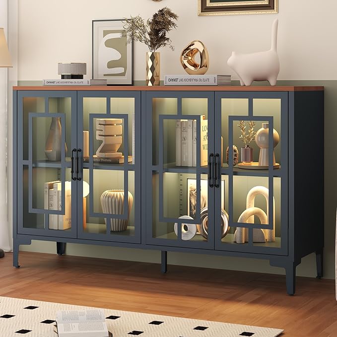 53" Glass Sideboard Buffet Cabinet with COB Lights, Adjustable Shelves, Modern Metal-Wood Buffet Table with Storage, Lighted Coffee Bar Display Cabinet for Dining Room Kitchen, Blue