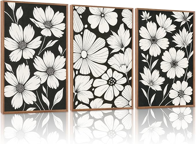 HLNIUC Abstract Black and White Framed Canvas Wall Art,White Flower Plant Poster,Modern Minimalist Floral Painting,Daisy Floral Canvas Art Print for Living Room Bedroom Office-16 x24 x3