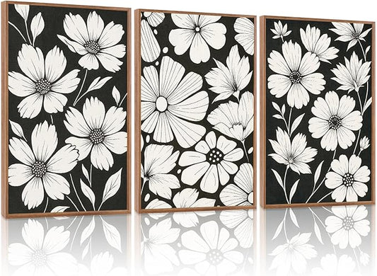 HLNIUC Abstract Black and White Framed Canvas Wall Art,White Flower Plant Poster,Modern Minimalist Floral Painting,Daisy Floral Canvas Art Print for Living Room Bedroom Office-16 x24 x3