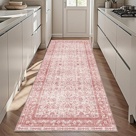 OPPODREAM Vintage Pink 3x6 Runner Rug, 3 x 6 Retro Washable Rug Non Slip, Low-Pile Faux Wool Carpet, Distressed Floor Mat for Kitchen, Hallway, Entry-Way, Entrance, Indoor Back Door
