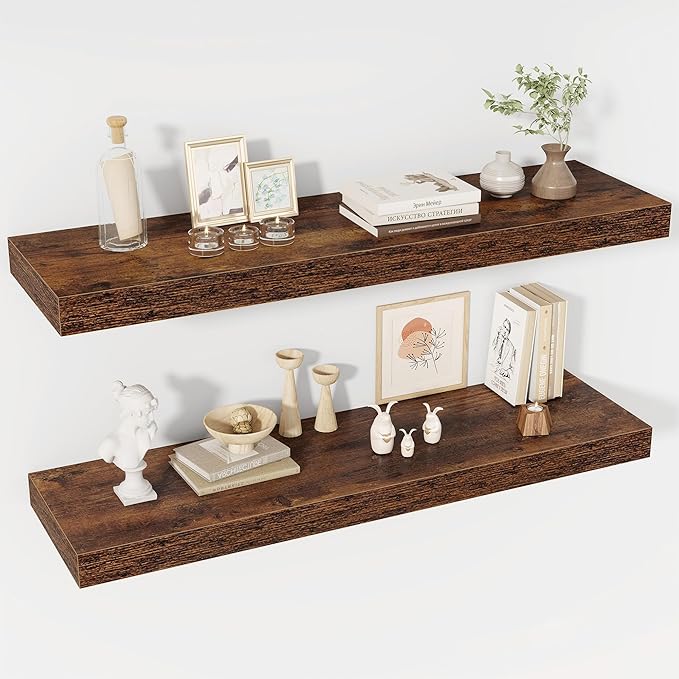 40 Inch Floating Shelves, 12" Deep Floating Shelf Wall Mounted, 40" Wall Shelves, Rustic Deep Bookshelf, Extra Deeper & Thicker Display Shelves for Bedroom, Living Room, Brown, Set of 2