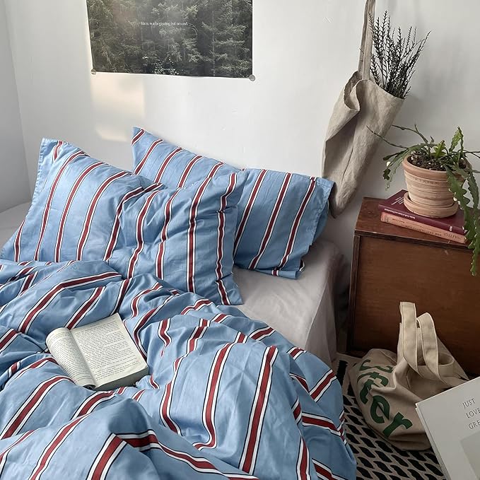 mixinni Vintage Striped Blue Duvet Cover King - 100% Cotton Red Stripes 3-Piece Bedding Duvet Cover Set with Zipper Closure, Soft & Breathable Retro Design for All Seasons (King Size)