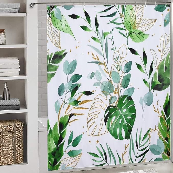 Green Leaf Shower Curtains,Abstract Boho Tropical Palms Gold Leaf Minimalist Bathroom Curtain Waterproof Fabric Machine Washable with Hooks,72x84Inch (183x183cm)