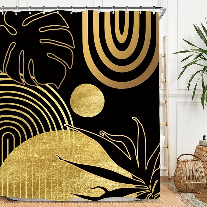Miyotaa Abstract Modern Shower Curtain Set 60Wx71H Inches Minimalist Aesthetic Black Gold Contemporary Plant Monstera Leaves Geometric Polyester Waterproof Bathroom Curtain with 12 Hooks