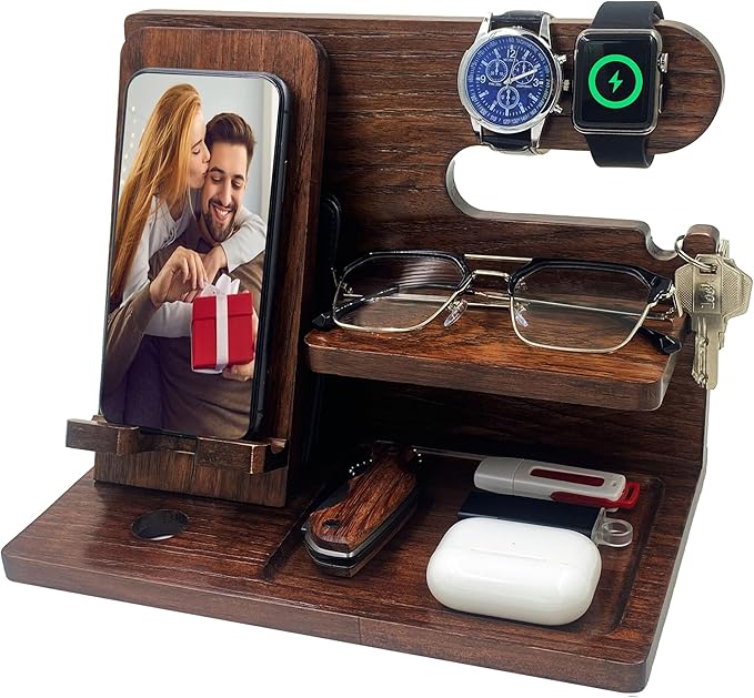 VEIYAILU Walnut Wood Phone Docking Station Nightstand Organizer for Men, Gifts for Him, Boyfriend, Dad, Husband, Brother, Son, Anniversary, Birthday, Christmas, Father's Day