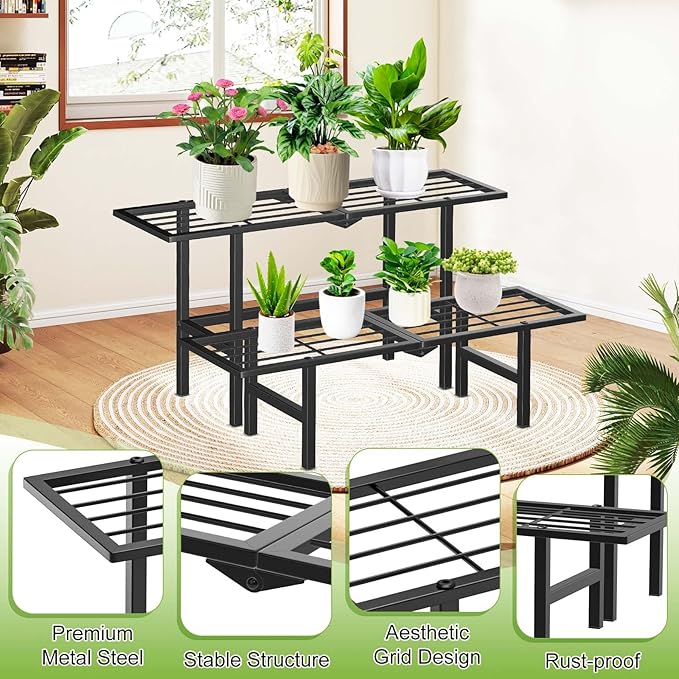 2 Tier Plant Stand Outdoor Indoor, Separated Tiered Folding Metal Plant Shelf Multiple Plant Holder Ladder Display Rack for Corner Garden Balcony Patio Porch, Easy Assembly (Black)