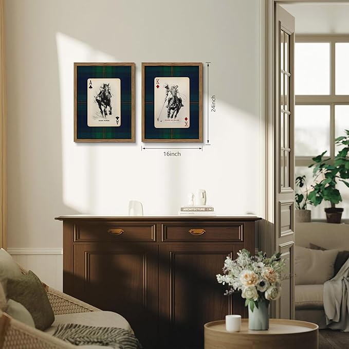 Framed Vintage Playing Card Wall Art Set of 2, Classic Polo Rider and Race Horse Canvas Prints, Retro Equestrian Sketch Poster, Old-Money Sports Wall Decor for Study Home Office Game Room 16x24in