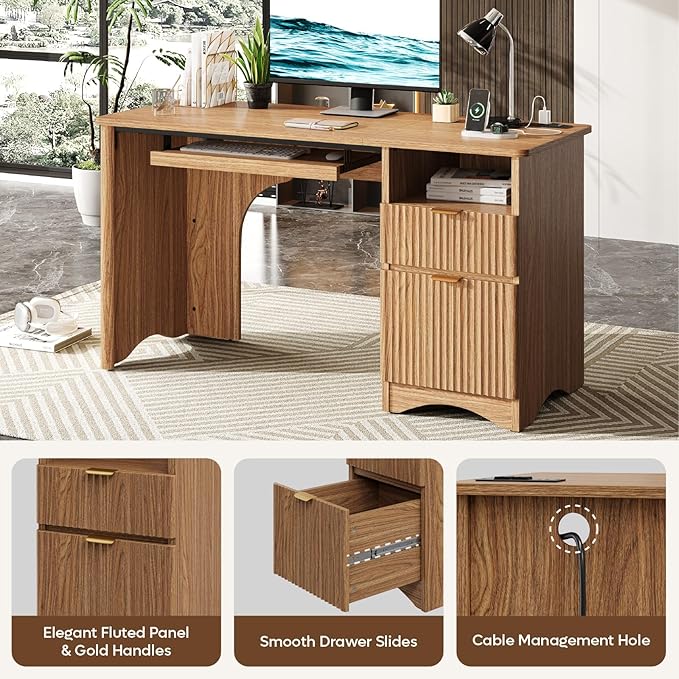 Bestier Computer Desk with Drawer, 55 inch Office Desk with Power Outlet, Modern Home Office Desk with Keyboard Tray (55" W with Single-Sided Drawers)
