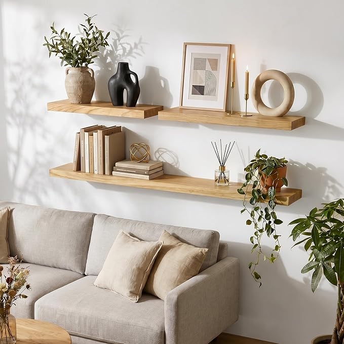 fuqing 40 Inch Floating Shelves | 6.7 Inch Deep Natural Wood Shelves Set of 2 | 40''W x 6.7''D x 1.4''H Natural Wood Floating Shelves for Living Room Bathroom Bedroom Kitchen Home Office
