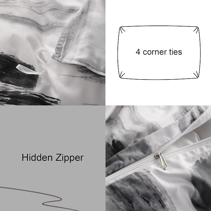 NTBAY 3 Pieces Ink Pattern Duvet Cover Set, Brushed Microfiber Soft Black and White Queen Duvet Cover Set, Reversible Zipper Comforter Cover with Ties and 2 Pillow Shams