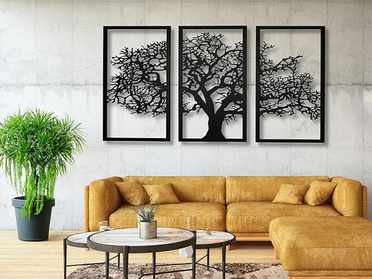 Vailla Tree of Life Wall Art 3pcs Family Tree Wall Decor 3D Wooden Wall Hanging Sculpture Modern Home Decoration 3 Panels Textured Sculptures for Living Room Bedroom Office Dinnig Room