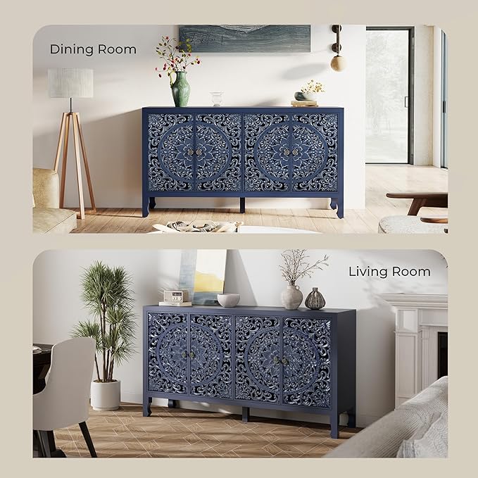 Buffet Cabinet with Storage, Accent Cabinet with 4 Carved Doors, Solid Wood Sideboard with Adjustable Shelf, Vintage Cabinets for Kitchen, Living Room, Entryway, Blue