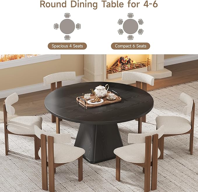 47 Inch Round Dining Table for 4-6, Circle Kitchen Table with Thickened Tabletop, Modern Dining Room Tables with Square Pedestal Base, Dinner Tables for Kitchen Small Space, Black (Table Only)