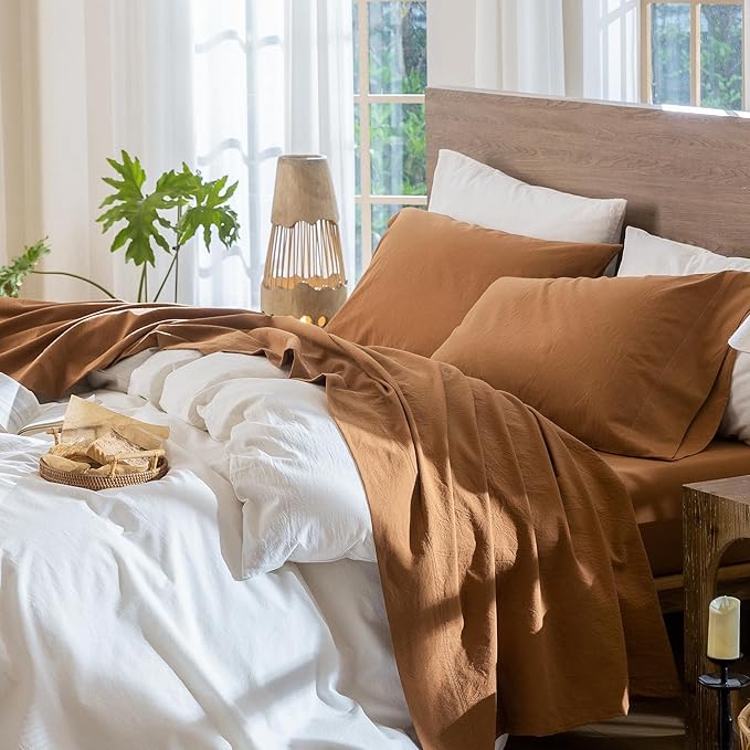 MooMee Bedding Sheet Set 100% Washed Cotton Linen Like Textured Breathable Durable Soft Comfy (Solid Dark Orange, Twin)