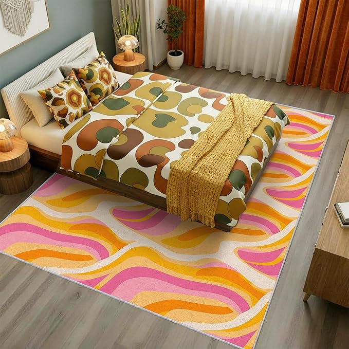 70s Retro Rug 3x5 Colorful Zebra Striped Groovy Pattern Area Rugs for Living Room, Bedroom, 70s Retro Home Decor Accessories Indoor Carpet, Non Slip & Machine Washable, GD0344