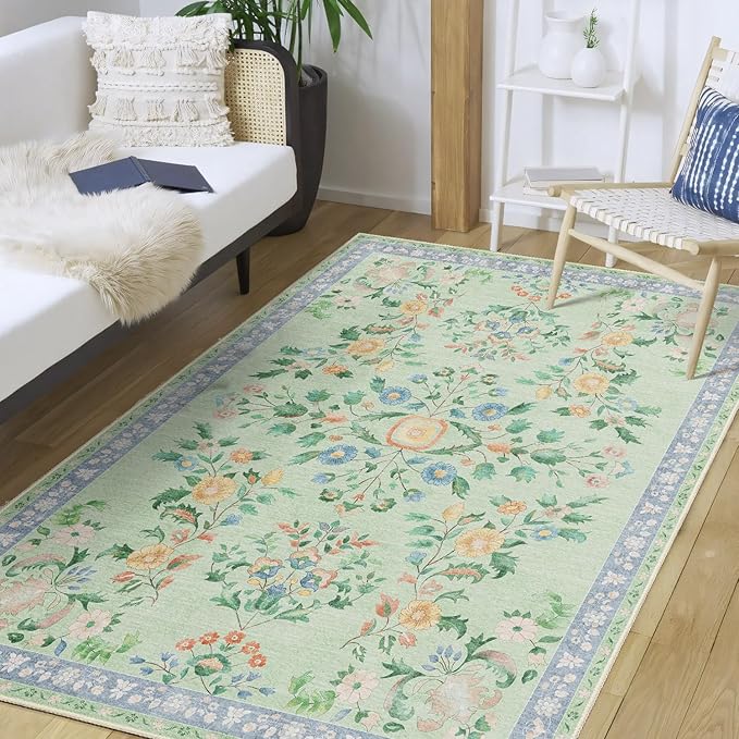 MUJOO Washable 3x5 Rug,Green Floral Area Rugs for Bedroom Bedside Entryway Living Room Kitchen,Small Boho Indoor Floor Rug Non Slip Throw Carpet Low Pile Vintage