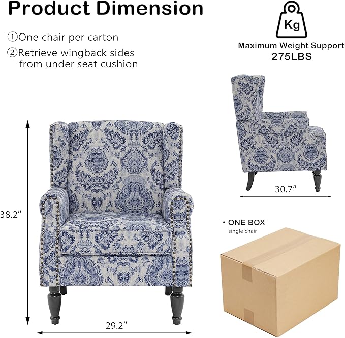 Wingback Chairs Set of 2, High Back Floral Accent Chair in Fabric, Comfy Upholstered Armchair with Nailhead Trim for Living Room, Single Sofa Reading Chair for Small Spaces, Bedroom-Navy