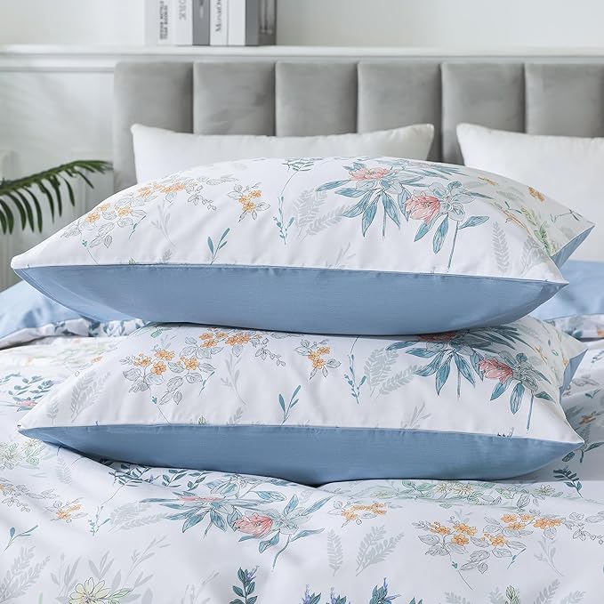 HoneiLife Floral Duvet Cover King - 100% Cotton Comforter Cover, Wildflower Bedlinen Set with Zipper Closure & Corner Ties, Botanical Comforter Cover Sets 3-pcs