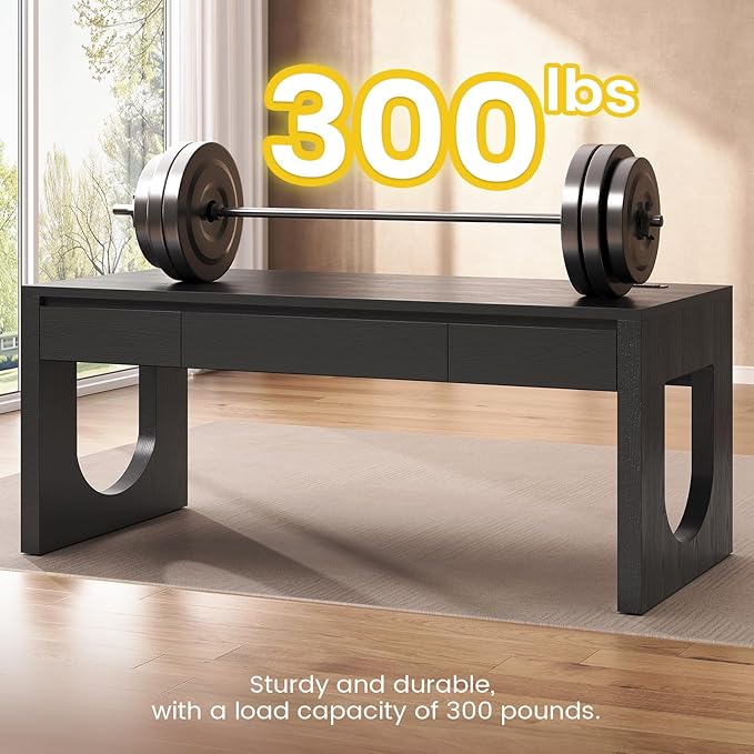 SEDETA 55" Executive Desk with 3 Drawers, Modern Office Desk with U-Shaped Legs, Wood Computer Desk with Power Outlet, Home Office Desks with Relief Texture, Black