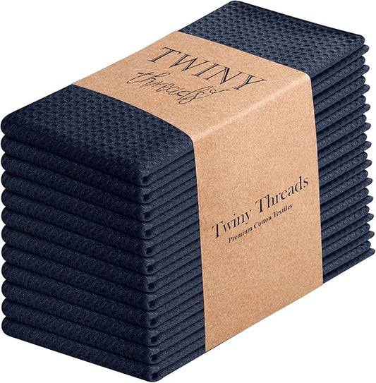 TWINY threads 100% Cotton Kitchen Towels (Set of 12) - Ultra Absorbent Waffle Weave Dish Towels with Hanging Loop - Quick Dry, Tea & Bar Towels for Cooking, Quick Drying - 16x26 Inch, Navy Blue