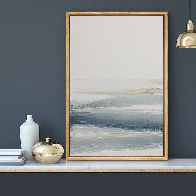 MUDECOR Framed Canvas Print Wall Art Minimalist Neutral Abstract Landscape Soft Blue Beige Illustrations Minimalism Decorative Bohemian Colorful Zen for Living Room, Bedroom, Office - 24"x36" NATURAL