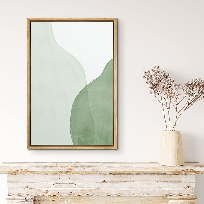 MUDECOR Framed Canvas Print Wall Art Abstract Light & Dark Green Overlay Geometric Shapes Illustrations Minimalism Contemporary Relax/Calm Cool for Living Room, Bedroom, Office - 16"x24" Natural