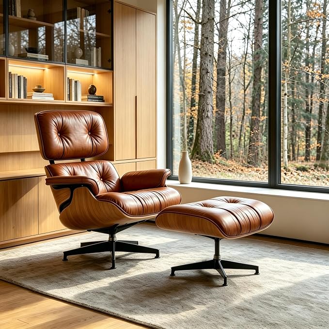 Mid Century Chaise Lounge Chair with Ottoman, Modern Retro Classic Design, PU Leather & Walnut Wood, Heavy Duty Metal Support, Comfortable for Living Room Bedroom Office（Brown-Premium）