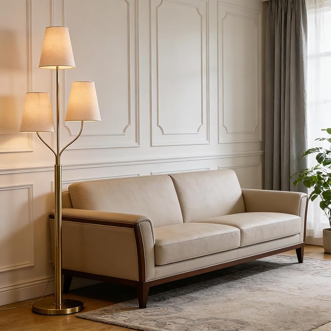 Maxax 3 Lights Brass Gold Floor Lamp for Living Room, Modern 65" Tall Standing Tree Lamp with 3 White Shade for Bedroom Office