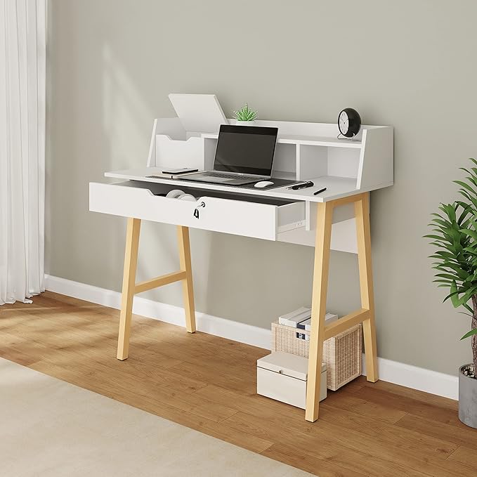 Modern Design Roma Small Desk for Bedroom, 40 inch White Writing Desk with Hutch and Locking Drawer, by Crafts and Comfort