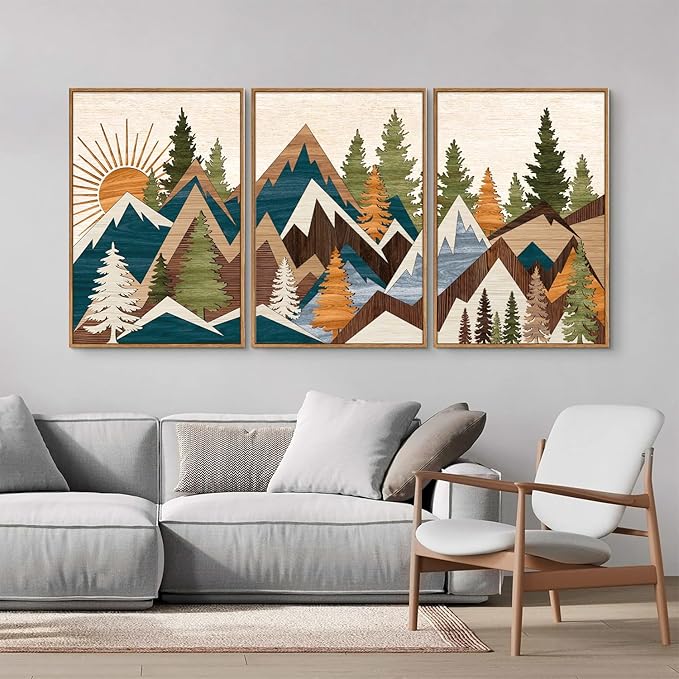 Tinonedraw Large Mountain Framed Canvas Wall Art, Boho Rustic Sunrise Forest Wall Decor, Vintage Woodsy Nature Art Painting, Modern Wilderness Trees Art Print for Living Room Bedroom Office 16"x24"x3