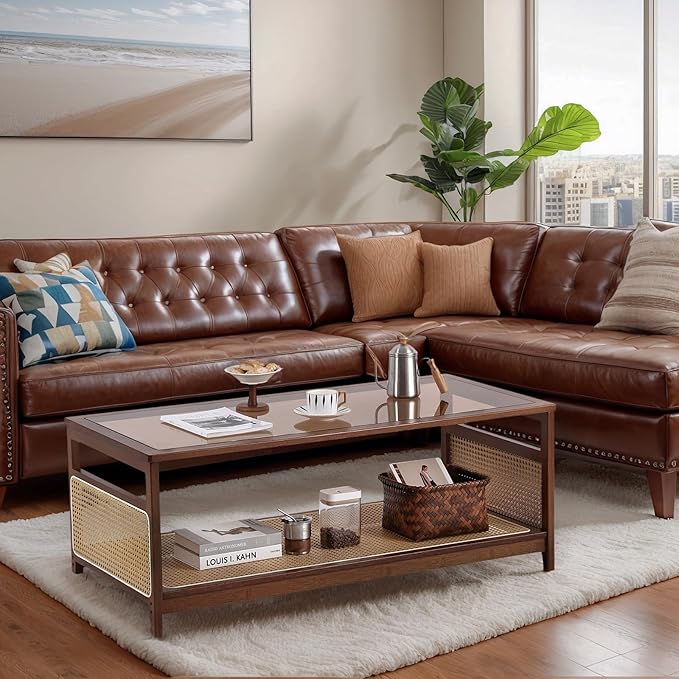 Welnow Rattan Coffee Table for Living Room, Modern 2-Tier Rectangle Center Table with Storage Shelf and Glass Top, Mid-Century Boho Furniture for Apartment, 47.5" Walnut