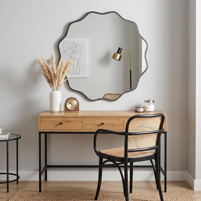 PERFNIQUE Black Scalloped Mirror, 30'' Round Wall Mirrors Wavy Wood Framed with Tempered Glass for Bathroom Nursery Bedroom Living Room Entryway, Decorative Modern Wall Decor