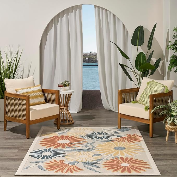 Nourison Home Aloha Ivory Rose 5'3" x 7'5" Area Rug - Easy Clean, Non Shedding, Bed Room, Living Room, Dining Room, Kitchen (5' x 8')