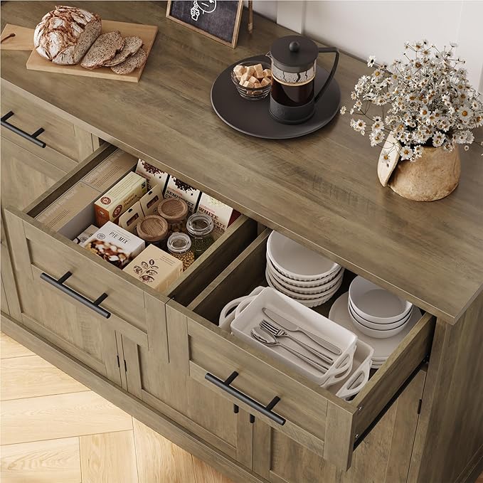 HOSTACK 60" Large Buffet Sideboard with Storage, 36" Tall Kitchen Buffet Storage Cabinet with 4 Drawer, Modern Coffee Bar Cabinet with Black Handle, Long Sideboard Table for Living Room, Rustic Brown