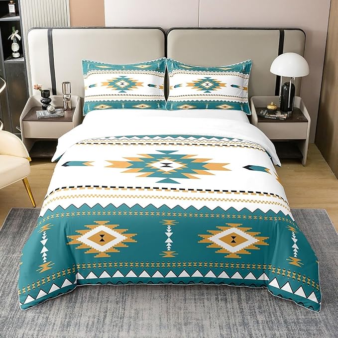100% Cotton Boho Lattice Duvet Cover Twin, Aztec Bedding Set, Bohemian Navajo Ethnic Retro Yellow Striped Exotic Western Tribal Comforter Cover Teal Medallion Egyptian Bedroom Decor Quilt Cover