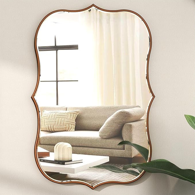 SHYFOY Antique Gold Mirrors for Wall Decor Decorative Wall Mirror Large 24" L x 36" W, Asymmetrical Wavy Accent Mirror with Scalloped Wood Frame, Bronze Farmhouse Traditional Mirror